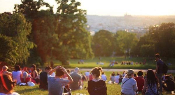 people sitting in park on sunny day talking